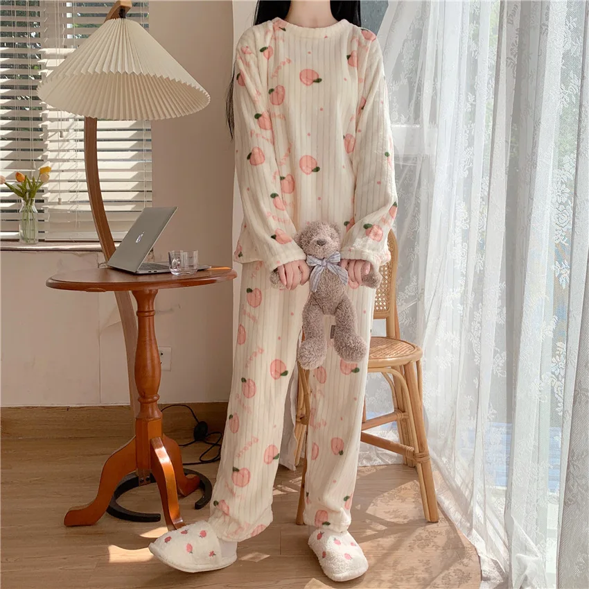 Ladies Pajama Sets Thicken Autumn And Winter Keep Warm Nightgown Comfortable Soft Sleepwear Suit Cute Style Pocket Design