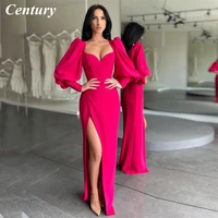 century fuchsia prom dress long puffy sleeves evening dresses slit side soft elastic satin prom gown special occasion party gown