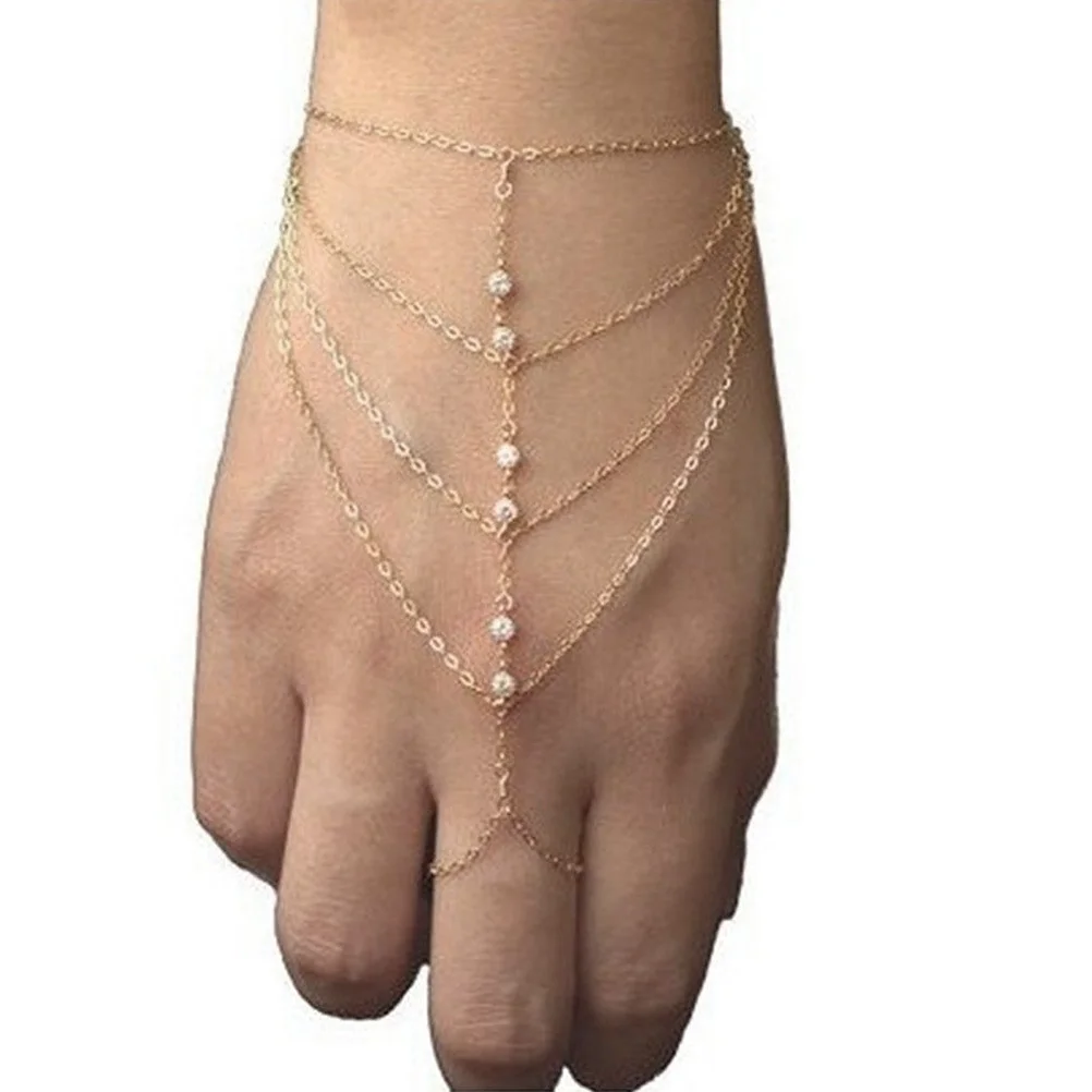 

Lady Rhinestone Decorated Tassel Style Bracelet Chain with Ring (Golden)