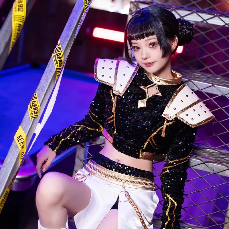 Фото Костюм для косплея K-Pop Demon Hunters: Руми, Зои, Мира, парик, женский черно-золотой костюм для Хэллоуина, вечеринок и ролевых игр №4