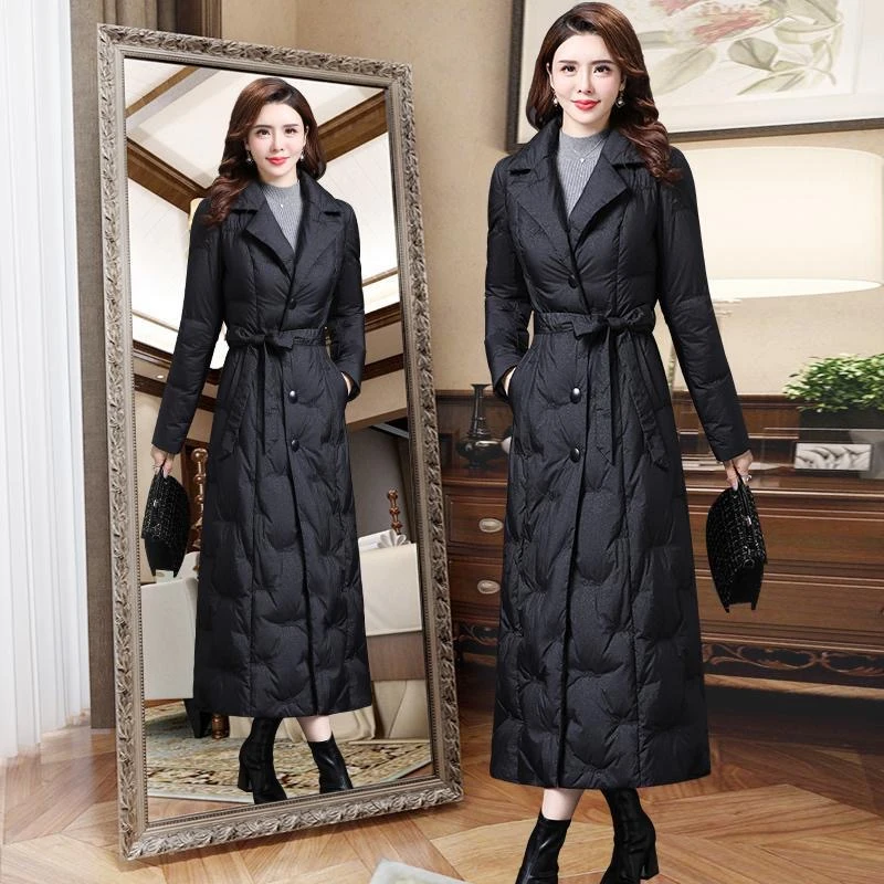 

Sungtin Autumn Winter Long Parka Coat for Women Diamond Plaid Padded Parkas Jacket with Belt Elegant Lapel Collar Female Clothes