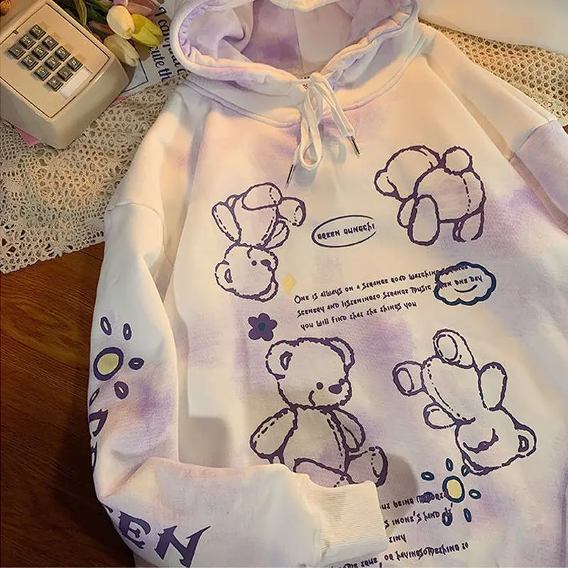 

Women Thick Warm Cute Pink Oversized Sweatshirt 2023 Spring Autumn Tie Dye Hoodies Bear Print Harajuku Vintage Hooded Pullover