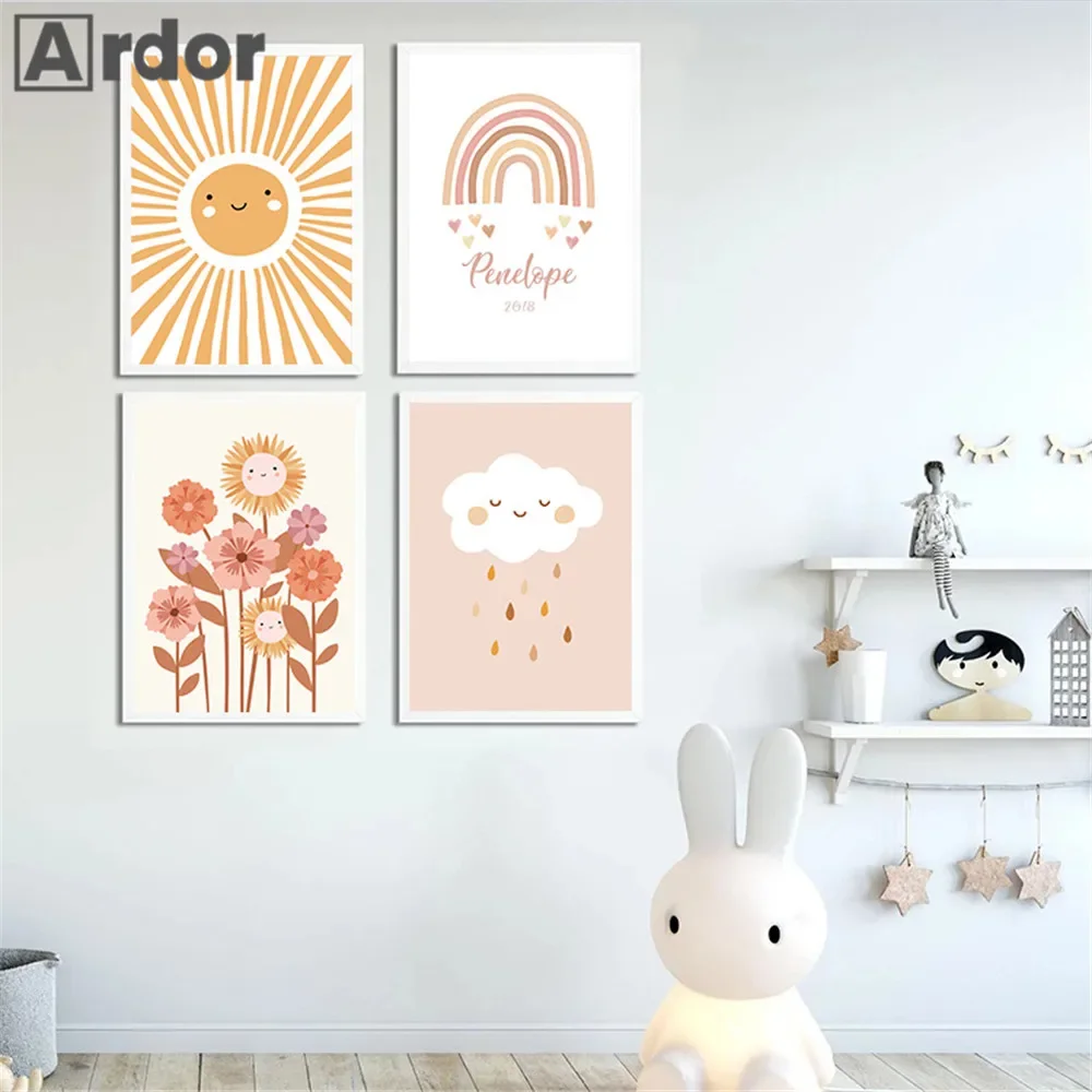 

Custom Baby Name Poster Painting Sunflower Canvas Prints Rainbow Wall Art Cloud Posters Nursery Print Pictures Kids Room Decor