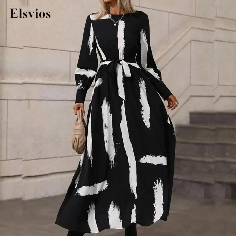 

Повседневное женское свободное платье макси с длинным рукавом и подолом, женское Элегантное Длинное Платье на шнуровке, модные офисные платья-рубашки с принтом и круглым вырезом, платья