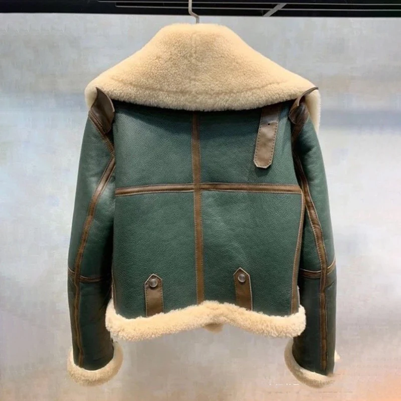 Ardm Casual Winter Thick Vintage Faux Leather Green Jacket Zipper Warm Splice Lambswool Biker Coat Women Female Crop Outerwear