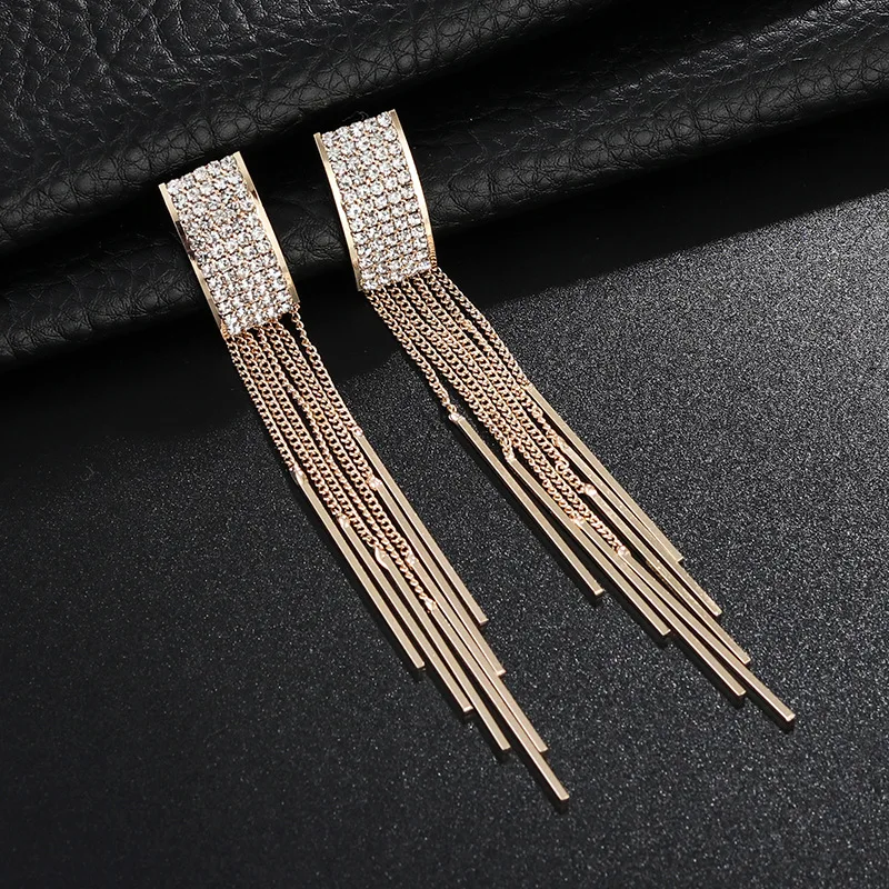 

Korean New Long Earrings Temperament Tassel Metal Crystal Rhinestone Earrings Fashion Earrings Ear Accessories Wholesale