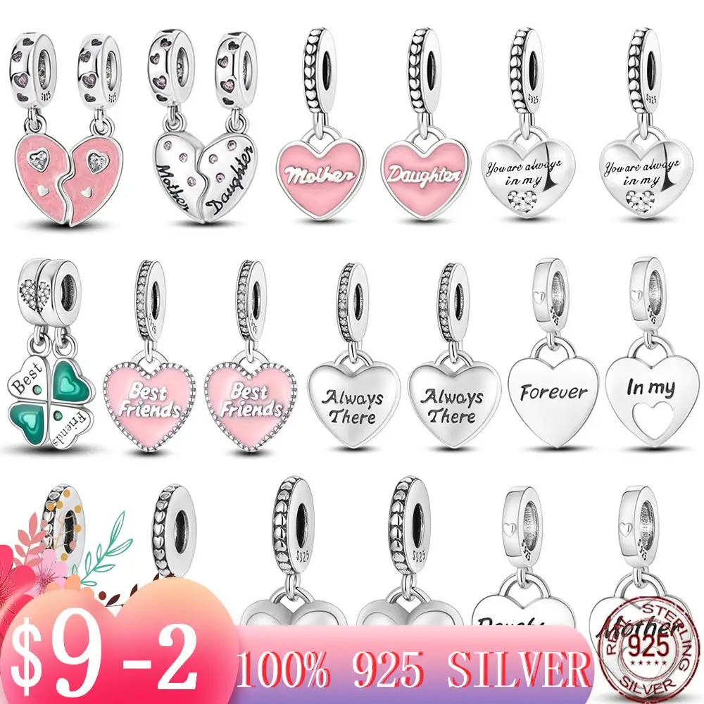 

New Double Heart-shape Charms Beads 925 Silver Mom Daughter Son Friendship Dangle Pendant Fit Pandora Bracelet DIY Jewelry Gift