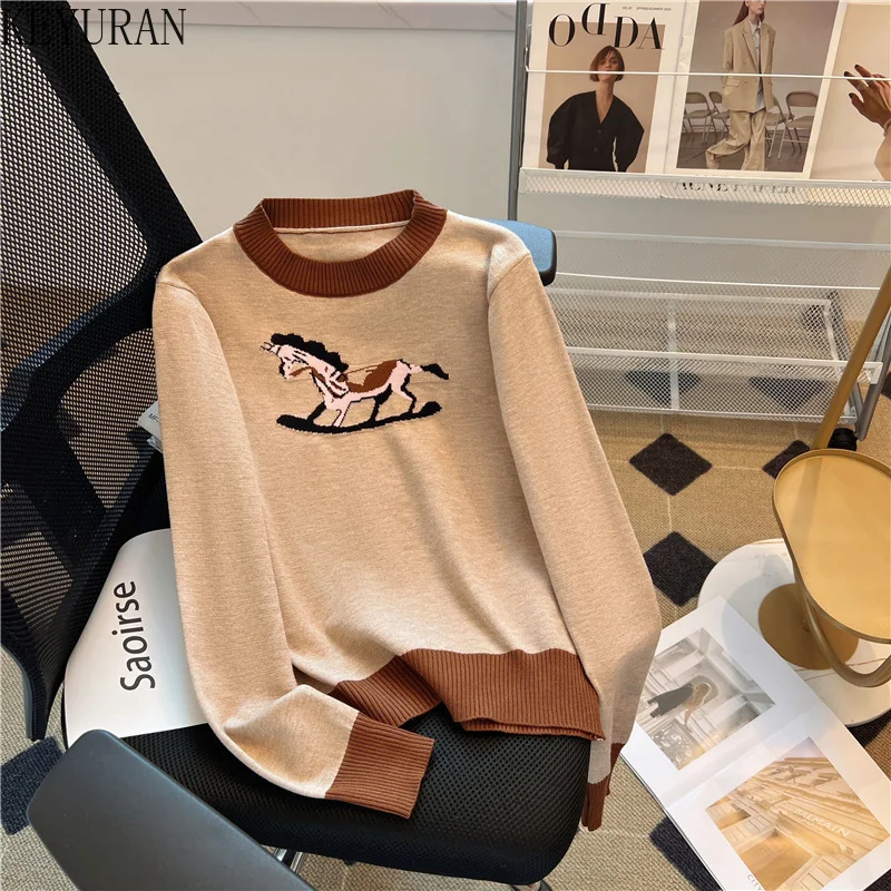 

Retro Contrasting Color Pony Print Pullover Sweater Women 2023 New Autumn Winter O-Neck Long Sleeve Bottom Knitwear Tops Jumper