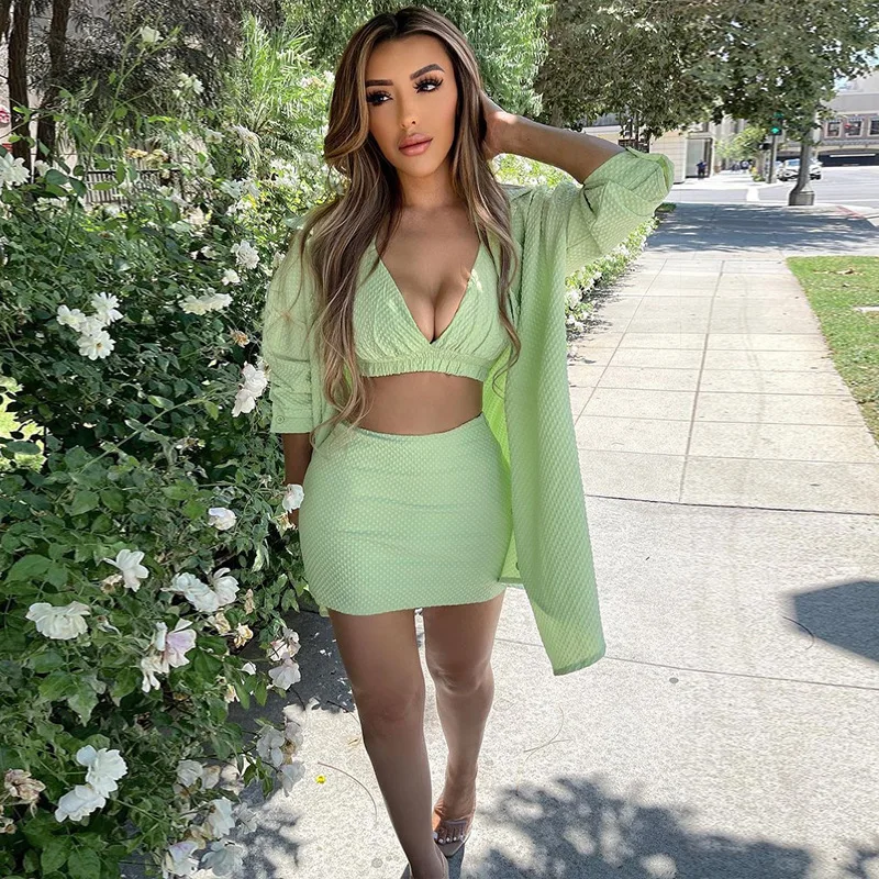 

Casaul Women 3 Piece Set Shirt + Bra + Mini Dress Solid Color Streetwear Party Night Clubwear Tracksuit Clothes For Women Outfit