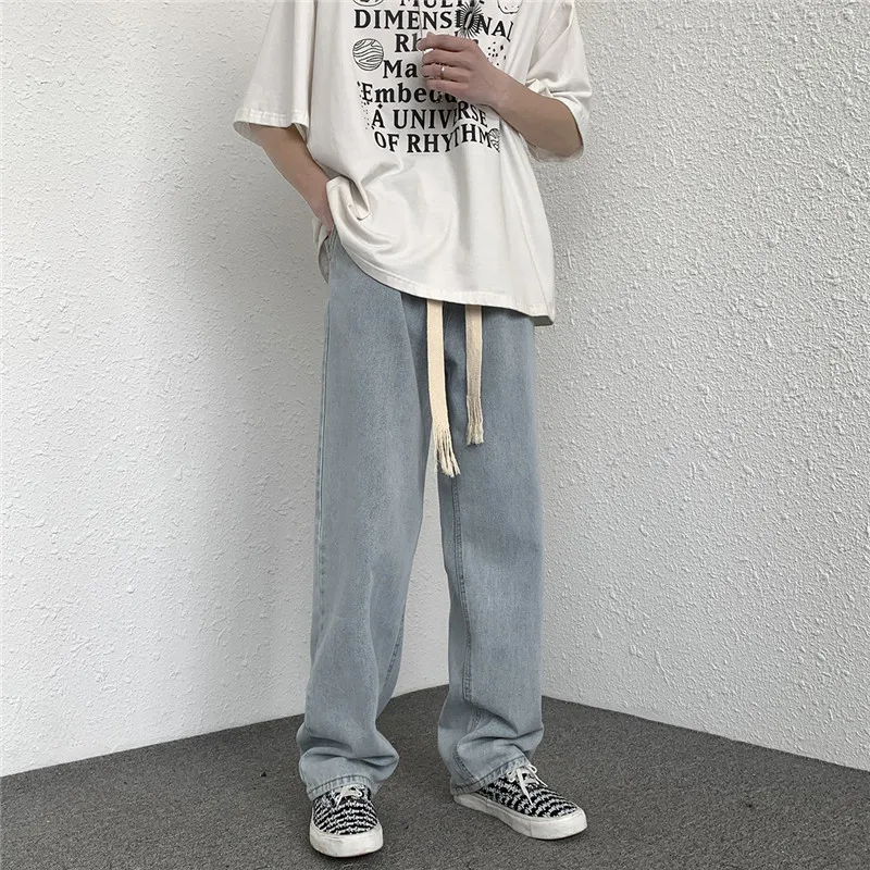 Drawstring Wide-leg Trousers Men's Spring Korean Version of The Hong Kong Style Ins Loose Trend Straight Casual Washed Jeans
