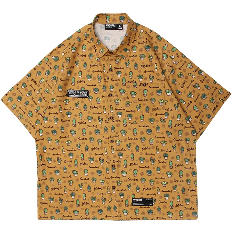 

Men Oversize Hawaii Short Sleeve Shirts Full Cactus Print Turn-Down Collar Shirt 2022 Summer Unisex Vintage Male Tropical Tops