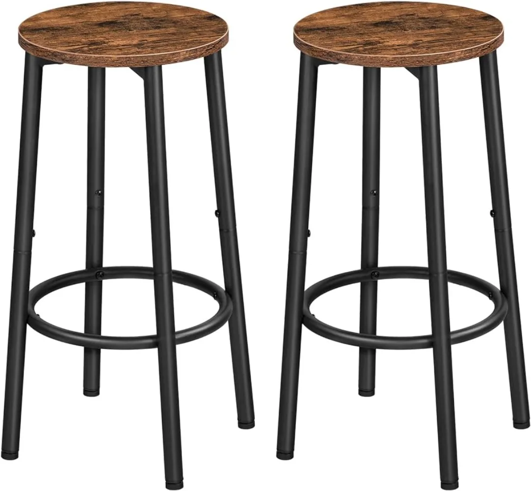 

Set of 2 Bar Stools, Kitchen Round Height Stools with Footrest, Sturdy Steel Frame, for Dining Room, Easy Assembly, Rustic Brown