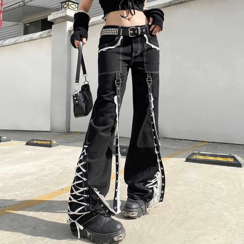 

Gothic Women Baggy Jean Aesthetic Lace Up Patchwork Dark Academia Streetwear Punk Bandage Denim Trousers Pants Baggy Straight