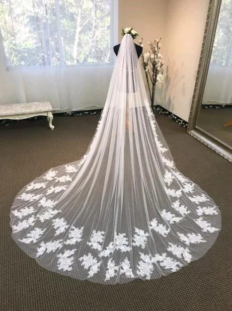 

Lace applique bridal veil cathedral length wedding veil lace cathedral veil white or ivory veil custom size