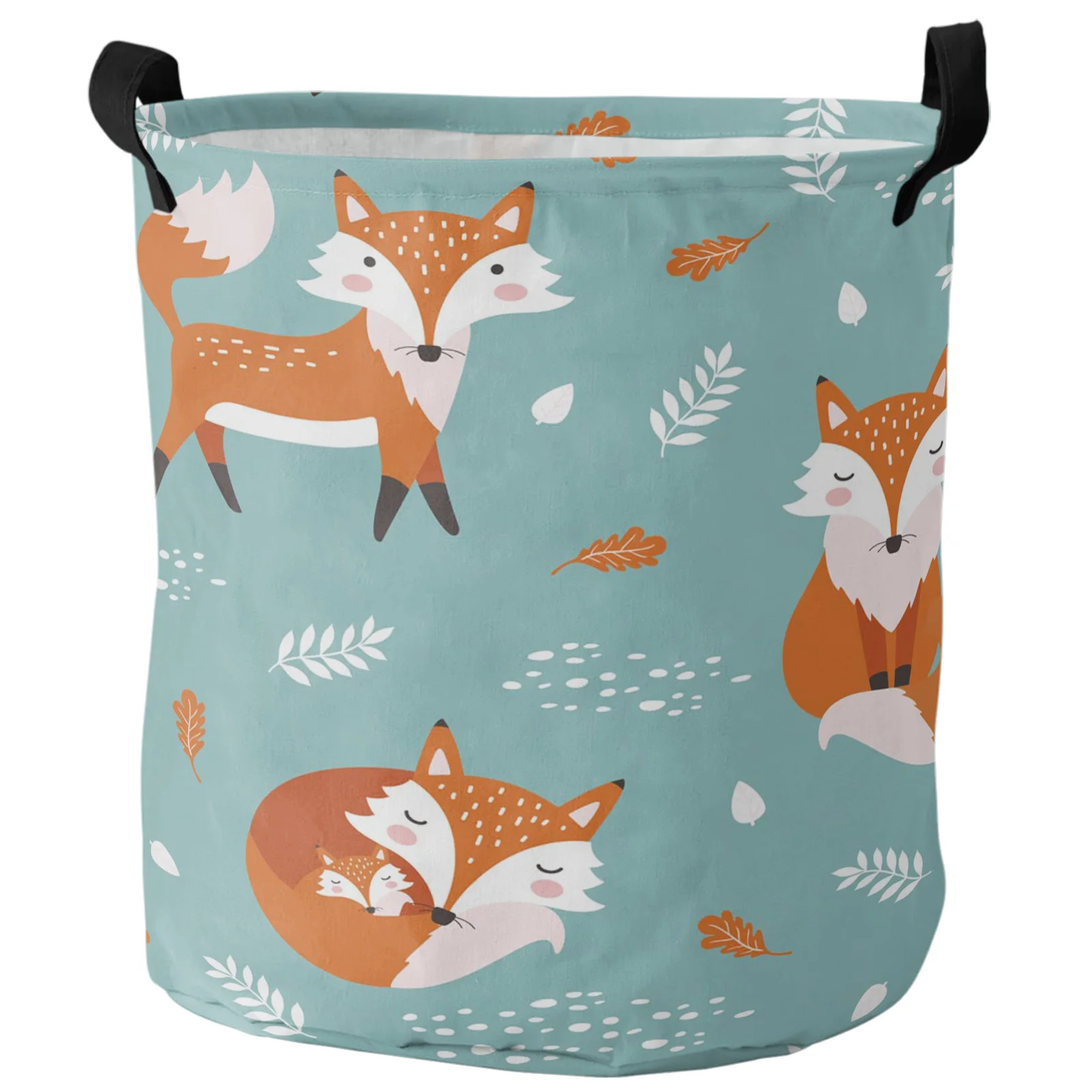 Cartoon Animal Fox Orange Blue Leaves White Dirty Laundry Basket Foldable Home Organizer Basket Clothing Kids Toy Storage Basket