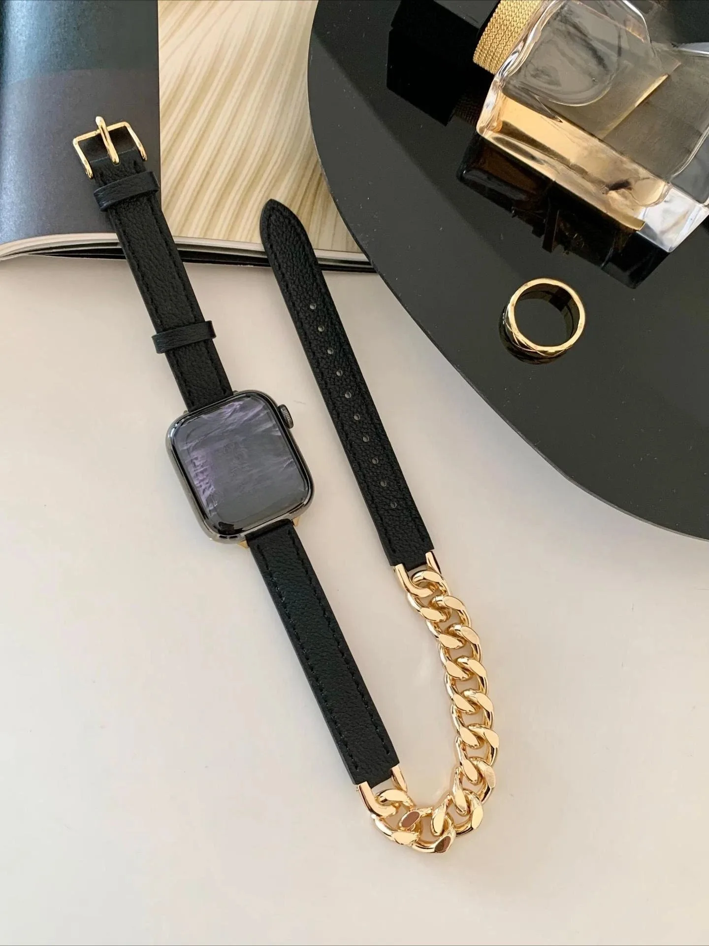 Фото Женский черный золотой металлический ремешок-цепочка для Apple Watch 11 10 9 8 7, браслет для IWatch 38 42 мм 44 45 46 мм, аксессуары №5