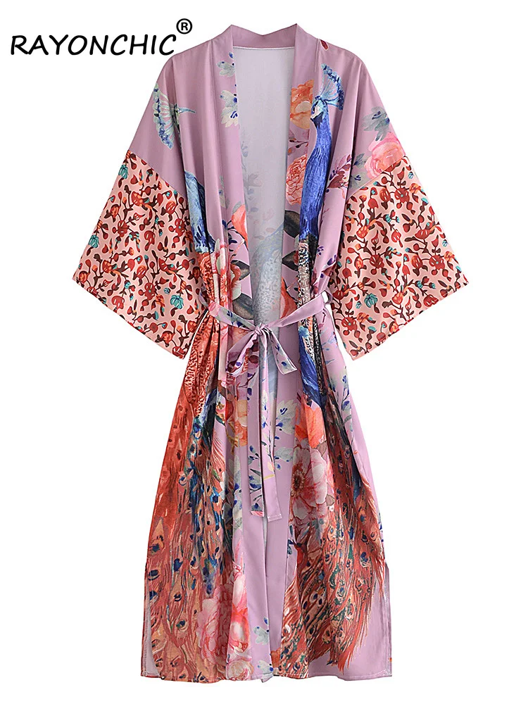 

RAYONCHIC Peacock Kimono Floral Print Casual Women Beachwear Bikini Cover Up Homewear Robes Bohemian Kimono Mujer Vestidos