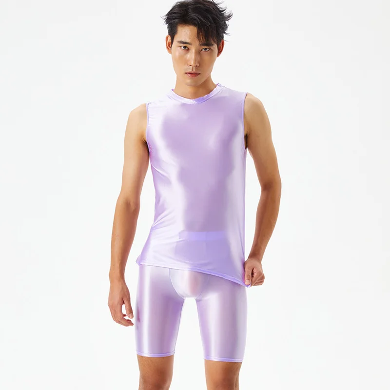 Men's glossy 2 pieces set Sexy silky transparent suit shorts +vest body-building underwear underpants