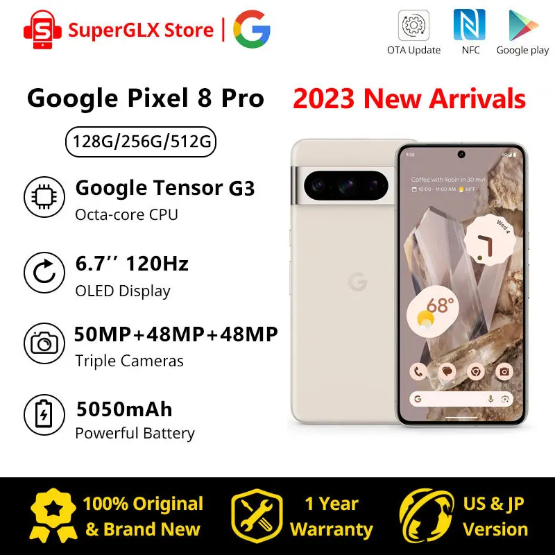 Original Google Pixel 8 Pro 5G Google Tensor G3 12GB 128GB 6.7" NFC Octa Core Android 14 IP68 dust/water resistant 50MP Cameras