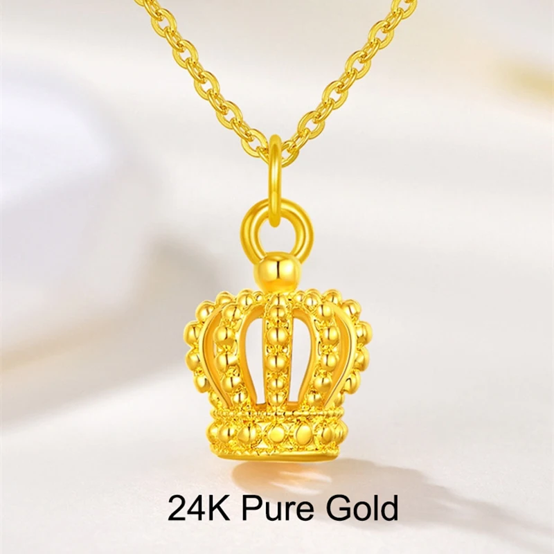 

Certificated Pure 24K Real Gold 3D Hard Crown Pendant Necklace Charm Gift with Certificate AU999 Mother Girlfriend Daughter