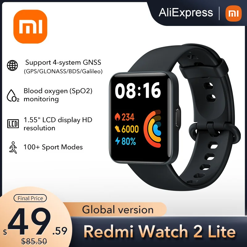 

Умные часы Xiaomi Redmi watch 2 lite, Bluetooth, Mi Band, 1,55 дюйма, HD, GPS, спортивные Смарт-часы, браслет с кровью, Новинка
