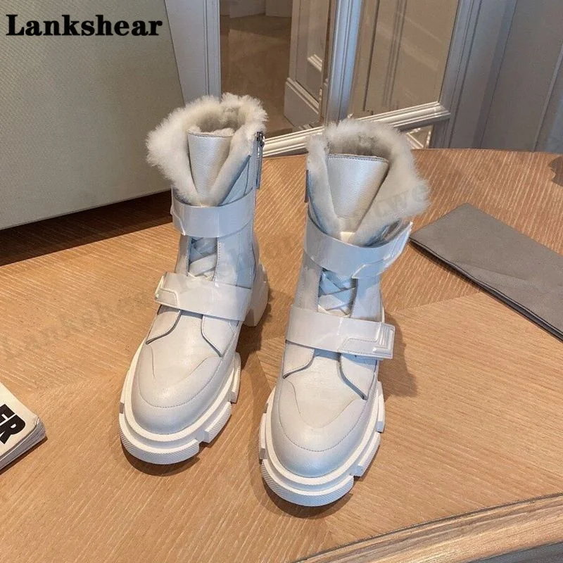 

2022 New Thick Bottom Wool Mid-Tube Boots Female Leather British Windmill Boots Plus Velvet Snow Boots Wool Thermal Boots