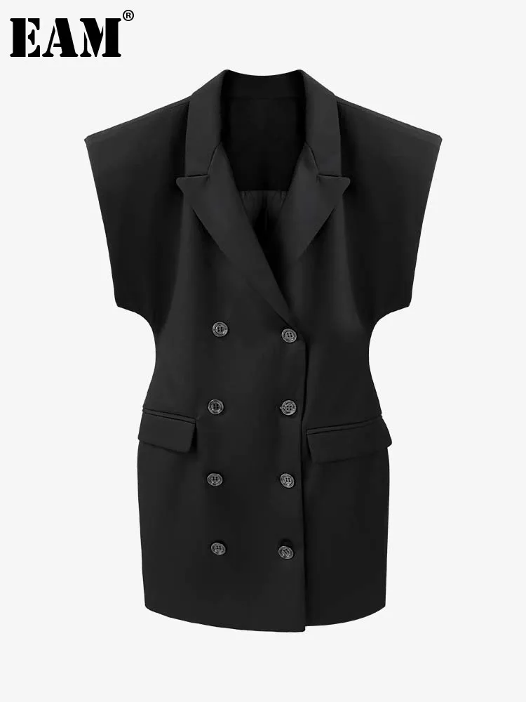 

[EAM] Women Black Double Breasted Shaped Blazer Dress New Lapel Short Sleeve Loose Fit Fashion Tide Spring Summer 2022 1DE9168