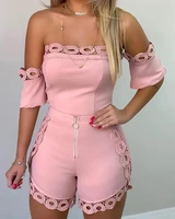 2022 summer pink sweet shorts two piece set fashion casual sexy off shoulder hollow out lace detail top zipper high waist set