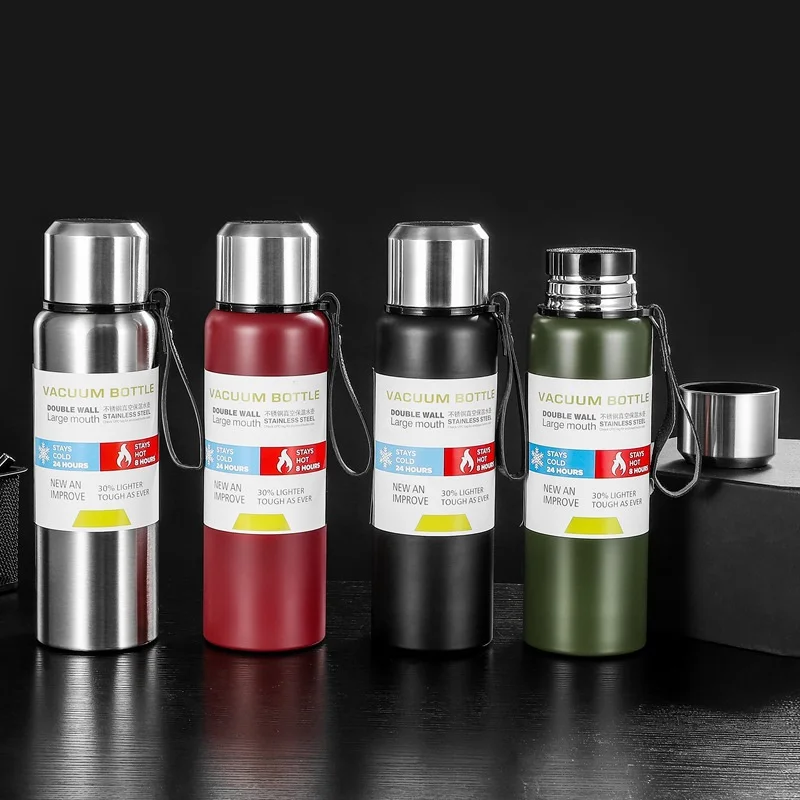 

Бесплатная доставка, термобутылка, чашка, большой вакуумный термос 500 мл, термос из нержавеющей стали 1000 мл с крышкой ремня, теплый и холодны...