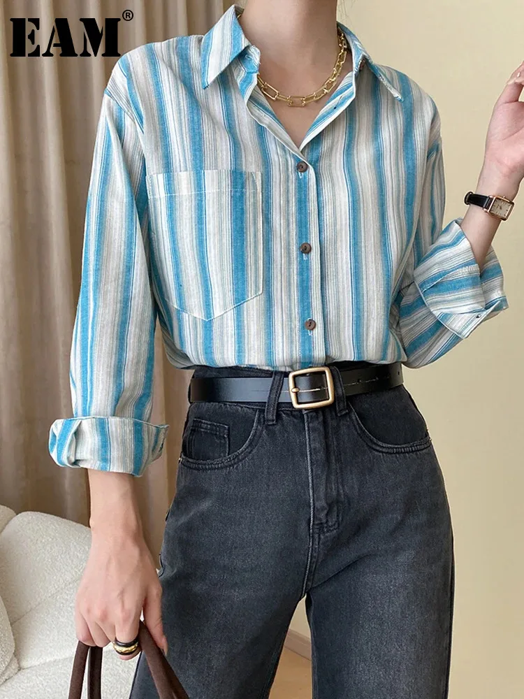 

[EAM] Women Blue Striped Vintage Big Size Blouse New Lapel Long Sleeve Loose Fit Shirt Fashion Tide Spring Autumn 2023 1DH1278