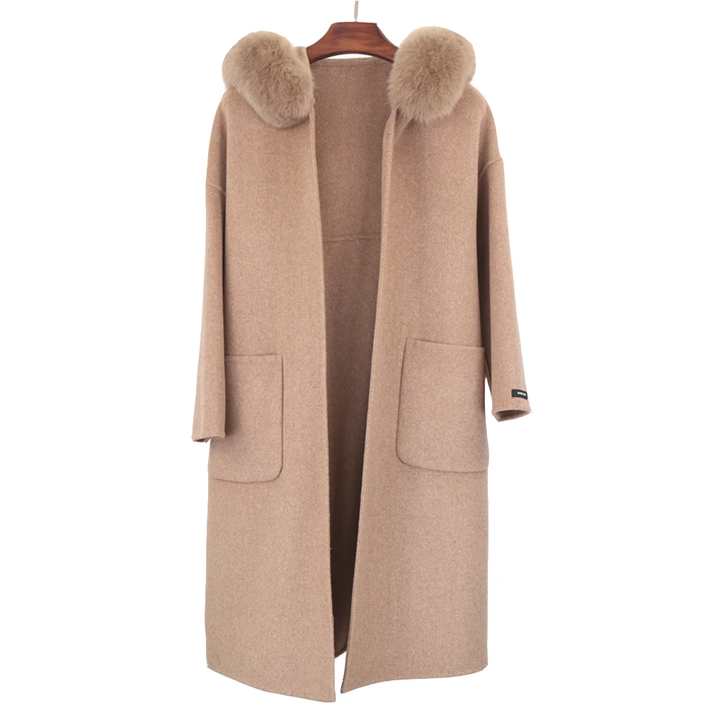 Winter Women Real Fur Coat Real Fox Fur Trim Hood Jacket 100% Woolen Jacket Oversize Loose Streetwear Office Lady Outerwear Belt