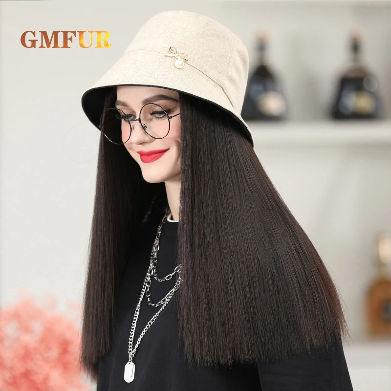 Sombrero de peluca integrado, sombrero de cubo de pelo largo y liso, fibra sintética resistente al calor, sombrero de sol para mujer