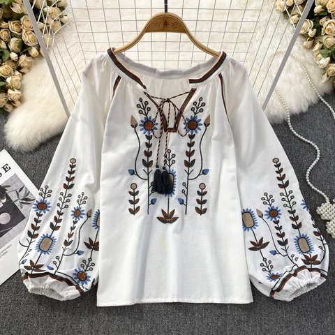 Ethnic Style Blouse O-Neck Shirts Women Loose Fit Shirt Embroidered Tops Female Casual Blouses LanternSleeve Blusas Dropshipping