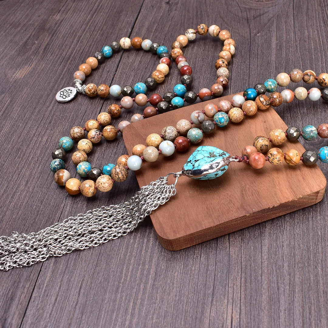 Натуральный камень оникс Пирит металлическое ожерелье с кисточками 108 набор