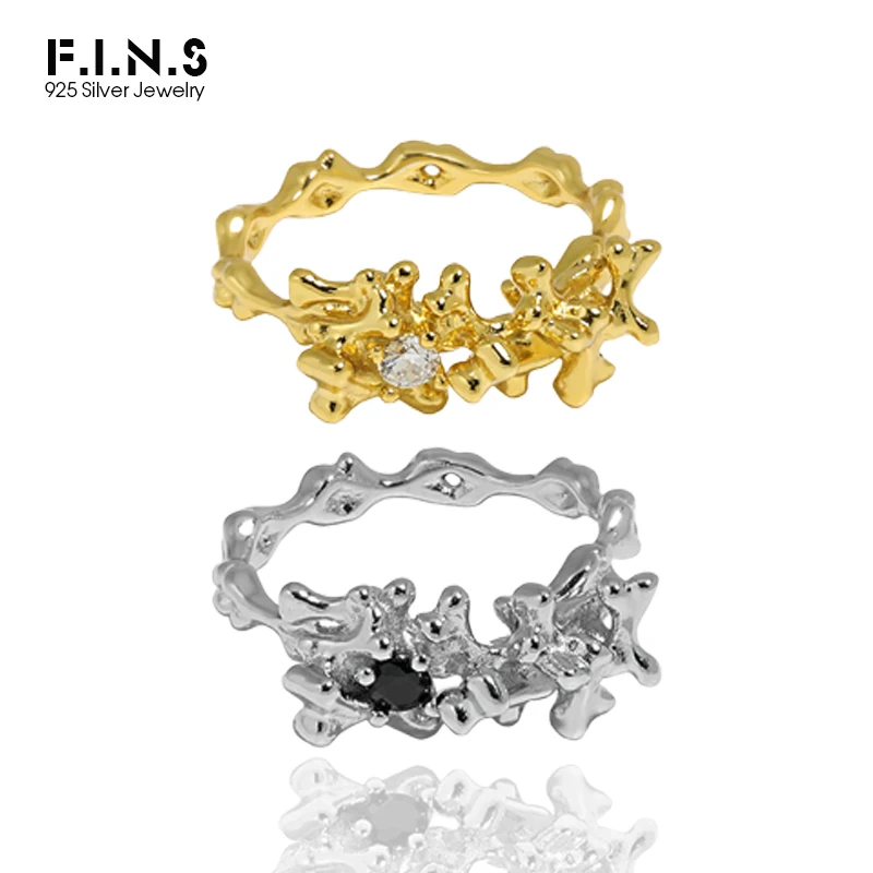 

F.I.N.S Korean Irregular Surface Lava S925 Sterling Silver Gold Micro-Inlaid Zircon Open Ring Luxury Silver 925 Fine Bague Femme