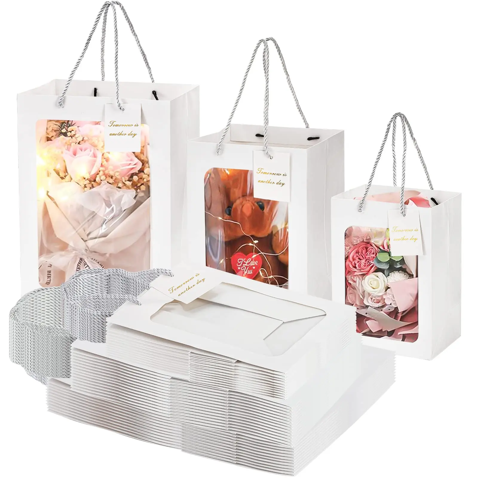 

10PCS White Gift Bags With Clear Window Transparent Bouquet Gift Bags Tote Paper Bags for Gift Packing Shopping