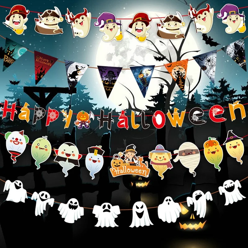 

3M Halloween Hanging Garland Bunting Flag Bat Pumpkin Ghosts Witch Spider Paper Banners Halloween Party Decorations Horror Props