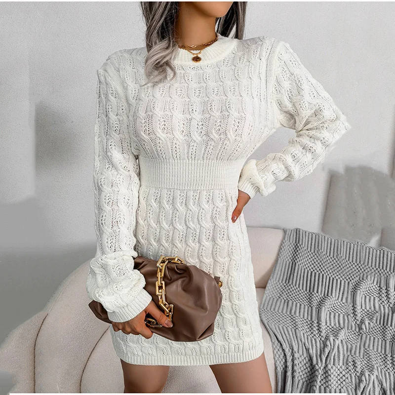 

Женское платье-свитер с длинным рукавом, однотонное повседневное облегающее платье с высокой талией и круглым вырезом, осень 2023