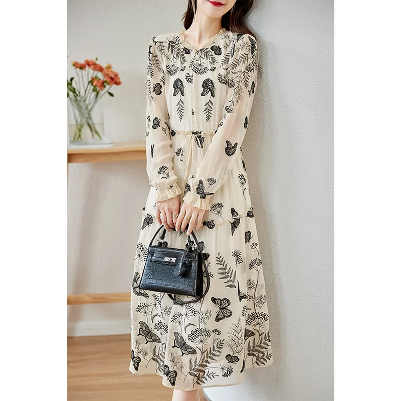 

Продажа шелковых платьев, высококачественное шелковое платье из шелка тутового шелкопряда, женское новое платье для весны и осени 2023 года, новое Западное платье с длинными рукавами