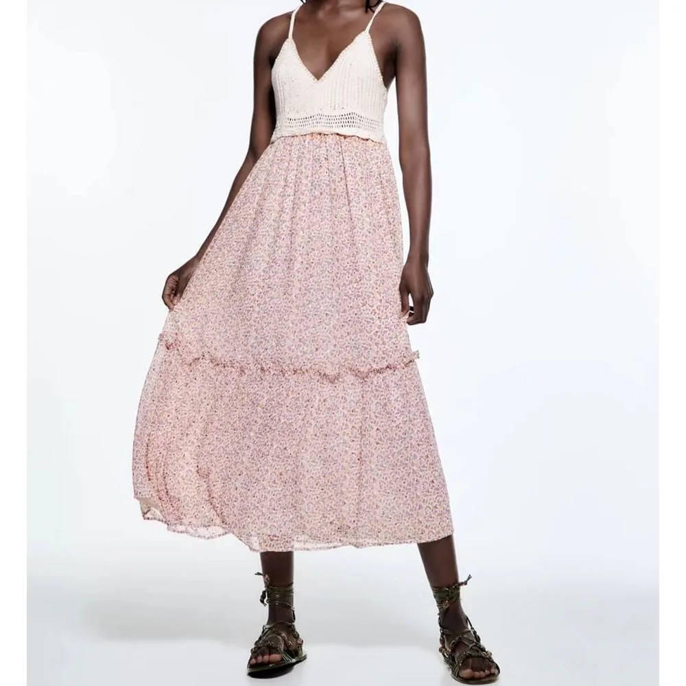 

2022 женское летнее новое платье с вязаным крючком принтом французские подтяжки полые плиссированные строчки