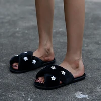 flat bottom cotton slippers 2022 winter new black printed office flip flops casual indoor plush warm narrow band women slippers