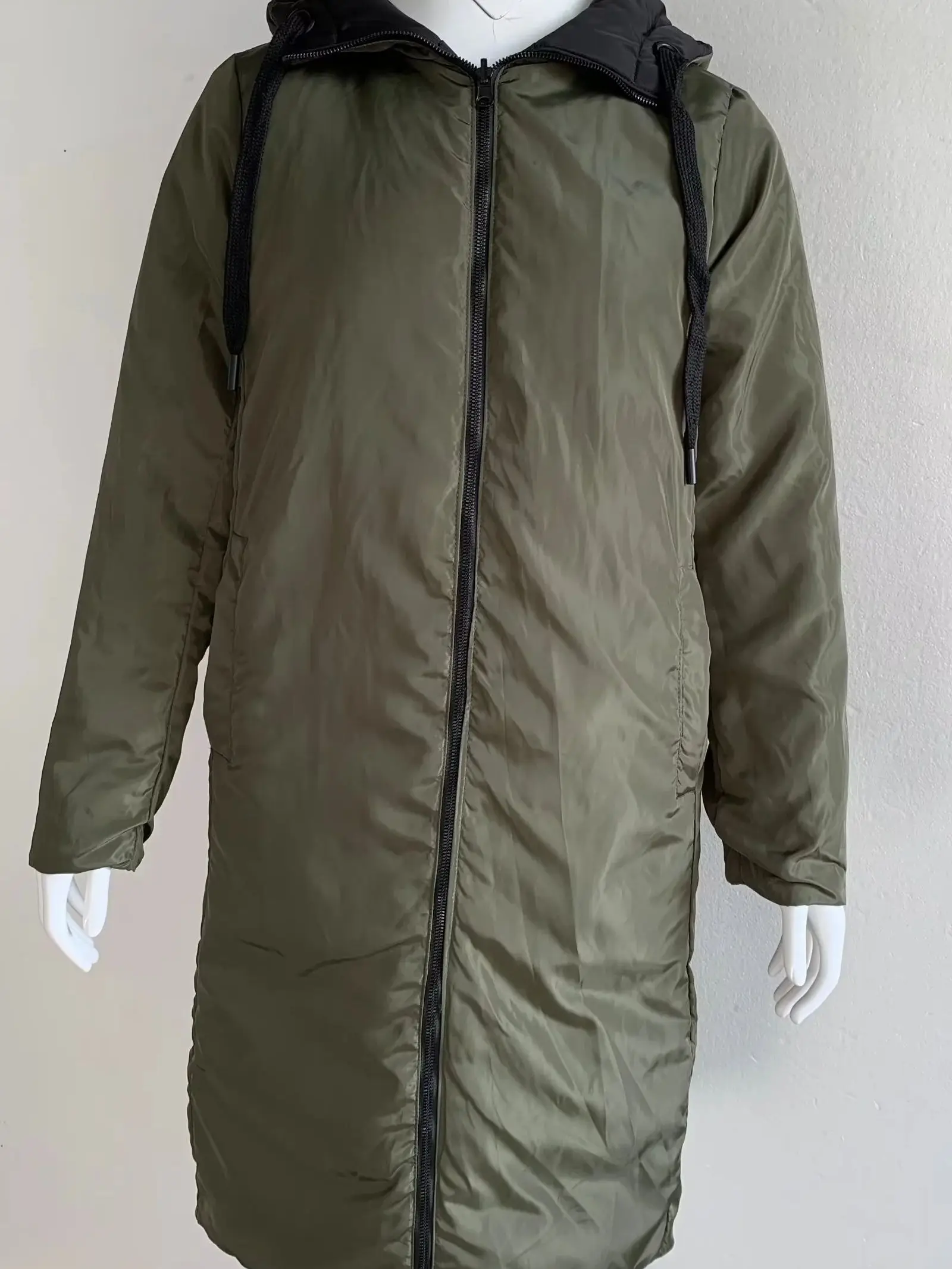 Winter Women's Black Two Wear Hooded Zipper Long Sleeve Loose Long Cotton Jacket Warm Fashion