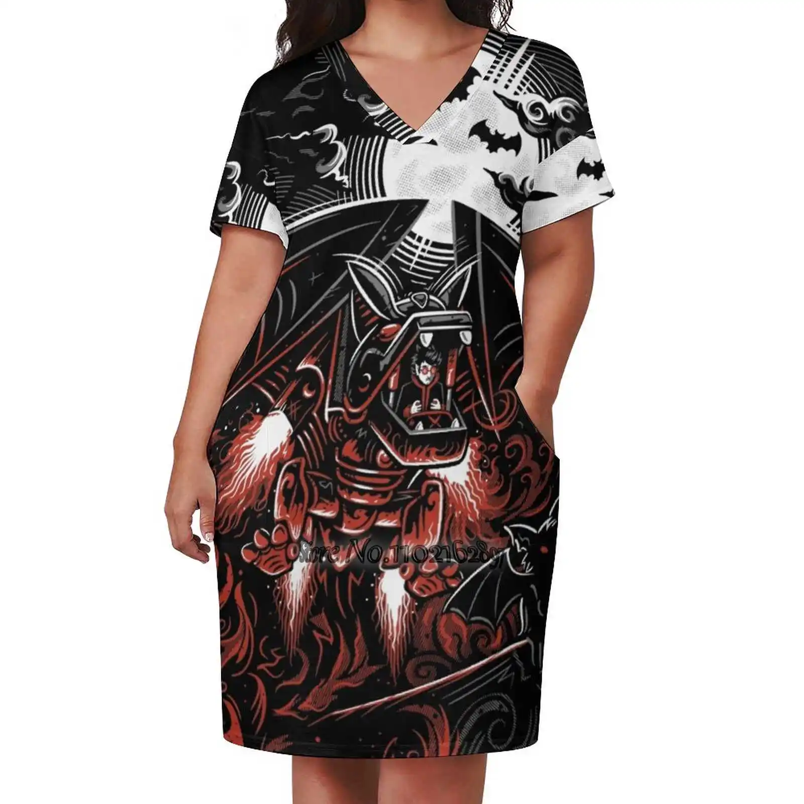 

Модное уличное платье Robat, свободная юбка с V-образным вырезом и коротким рукавом, повседневная женская юбка, 5Xl, робот-вампир, летучая мышь, мейча-луна, Дракула