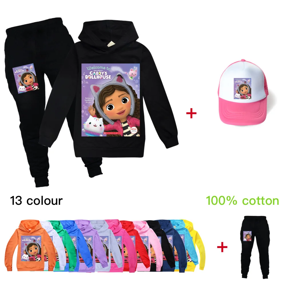 

Fall Gabby's Dollhouse Kids Sweatshirt And Pants+Sun hat 3 PCS Set Baby Girl Gabby Cats Clothes Boy Clothing Hoodies Suits