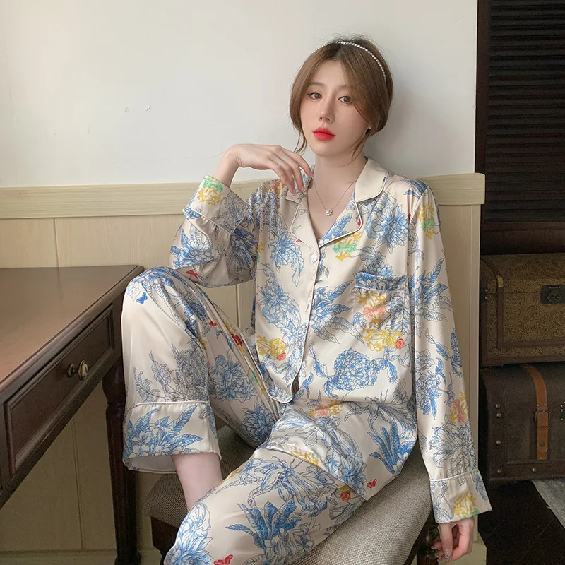 

Jxgarb, новинка 2023 года, весенние атласные пижамные комплекты с длинными рукавами, кардиган из двух предметов, высококачественный Женский пижа...