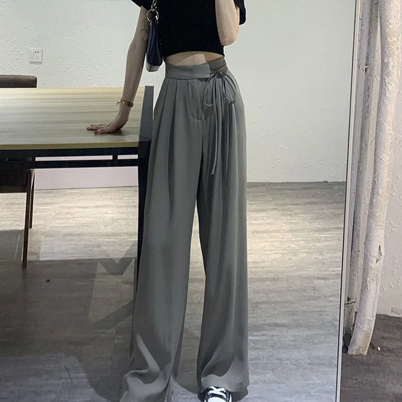 

Summer New High Waist Lacing Straight Pants Solid Color Loose Simplicity Wide Leg Pants Casual Fashion Women Clothing