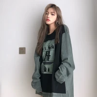 japan abstract telephone printed hoodies women simple splicing washed and worn bottomed long sleeve round neck loose pullover