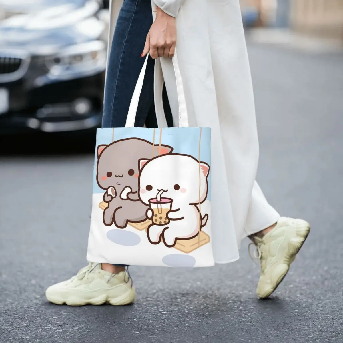 Peach And Goma Mochi Cat Bubble Tea Women Canvas Handbag Large Capacity Shopper Bag Tote Bag withSmall Shoulder Bag