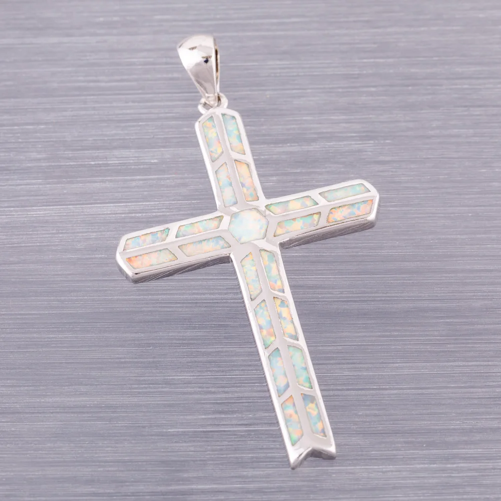 

KONGMOON Large Latin Cross White Fire Opal Silver Plated Jewelry for Women Pendant for Necklace