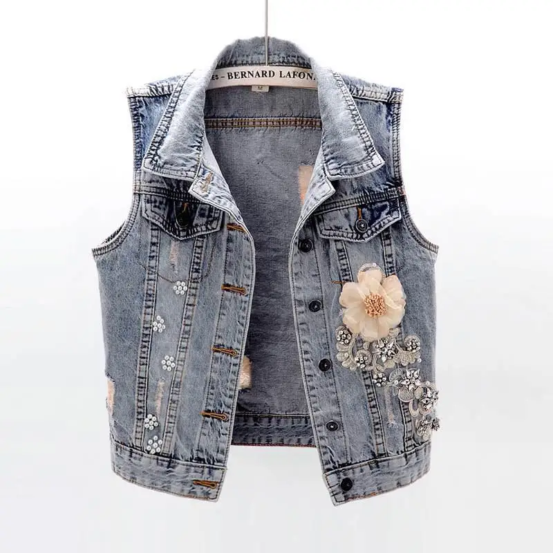 

Fashion Denim Vest Female Spring Autumn Sleeveless Wild Tops Short Jacket Women Patch Flowers Sequins Beads Jean Waistcoat X483